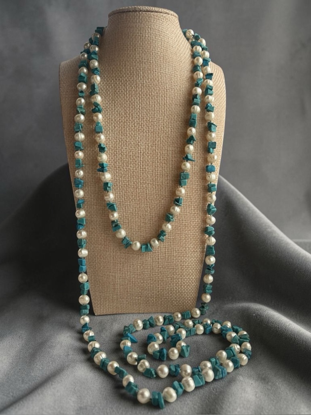 Long Turquoise Nugget & Freshwater Pearl Necklace 56” Strand Vintage Style